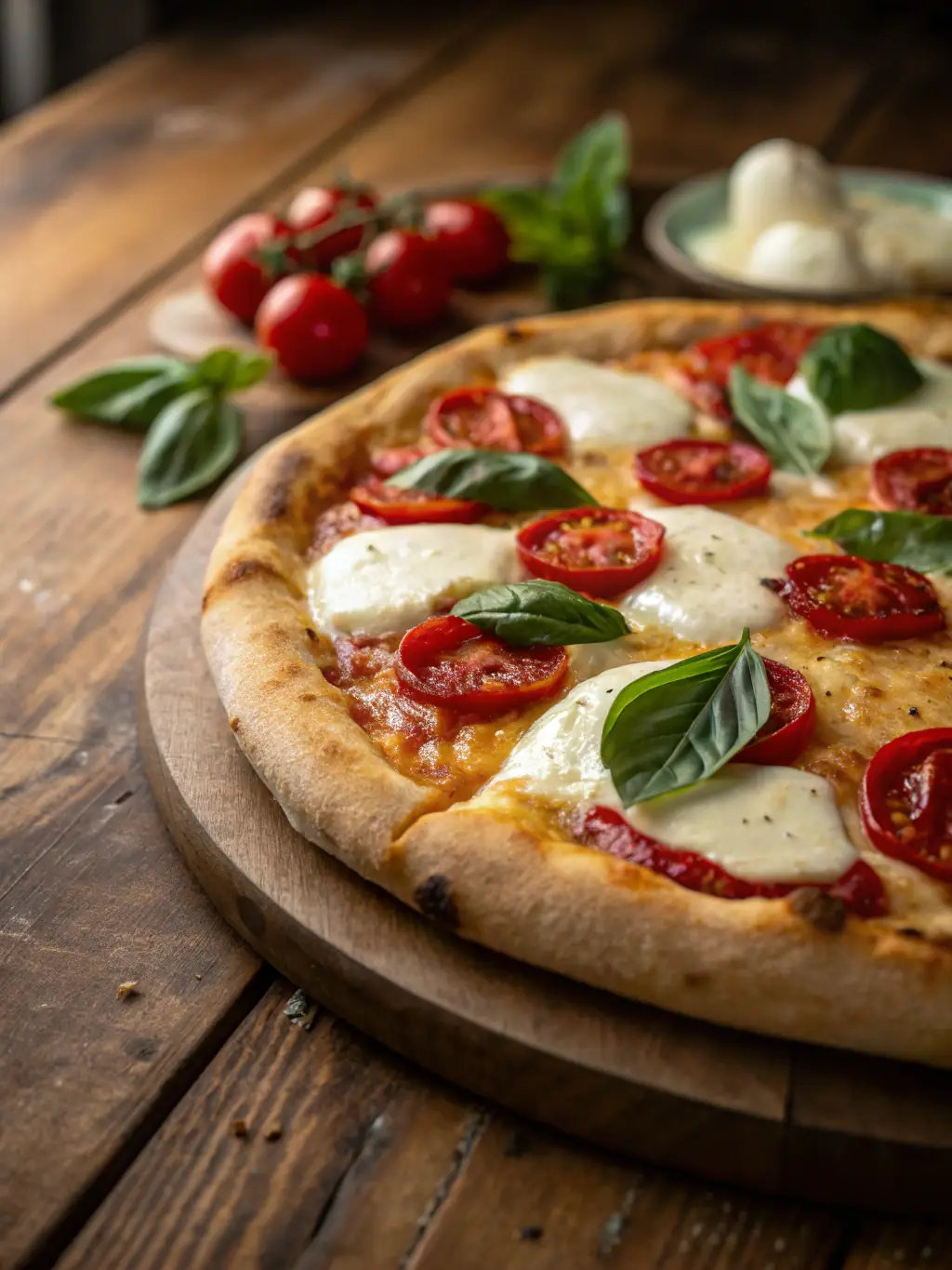 A close-up shot of a Margherita pizza with fresh basil leaves, vibrant red tomatoes, and melted mozzarella cheese, showcasing its simplicity and classic appeal.
