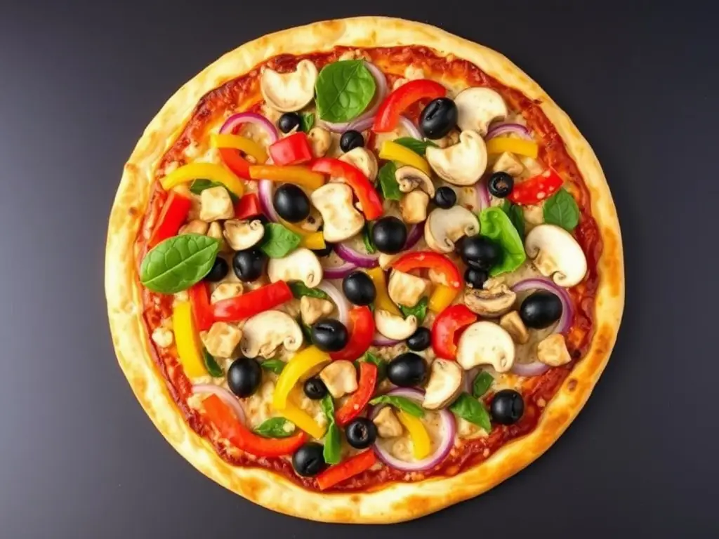 A colorful and appetizing image of a Vegetarian Supreme pizza, featuring a variety of fresh vegetables such as bell peppers, mushrooms, onions, and olives, showcasing its healthy and flavorful ingredients.